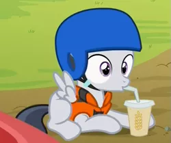 Size: 549x459 | Tagged: safe, derpibooru import, screencap, rumble, pegasus, pony, marks and recreation, colt, cropped, cute, drink, drinking, hay, hay smoothie, helmet, male, prone, rumblebetes, solo, straw