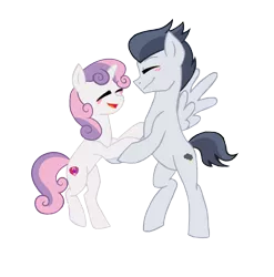 Size: 1036x1048 | Tagged: safe, artist:lunaticdawn, artist:tamersworld, derpibooru import, rumble, sweetie belle, pegasus, pony, unicorn, blushing, colt, cutie mark, female, filly, holding hooves, male, rumbelle, shipping, smiling, straight, teenager, trace