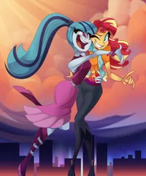 Size: 2654x3200 | Tagged: safe, artist:light262, derpibooru import, sonata dusk, sunset shimmer, human, equestria girls, city, clothes, cute, female, grin, happy, high res, hug, lesbian, one eye closed, open mouth, shimmerbetes, shipping, smiling, sonatabetes, sunata