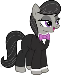 Size: 1213x1497 | Tagged: safe, artist:anime-equestria, derpibooru import, octavia melody, earth pony, pony, bowtie, classy, clothes, female, happy, jacket, long sleeves, mare, open mouth, shirt, simple background, solo, suit, transparent background, tuxedo, vector