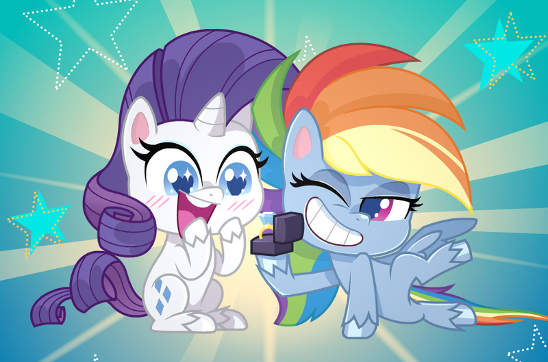 Size: 887x587 | Tagged: artist needed, safe, derpibooru import, rainbow dash, rarity, pegasus, pony, unicorn, my little pony: pony life, /mlp/, blushing, box, fake, faker than a three dollar bill, female, grin, jewelry, lesbian, mare, marriage proposal, one eye closed, open mouth, raised hoof, raridash, ring, shipping, smiling, unshorn fetlocks, wedding proposal, wedding ring, wink