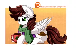 Size: 2430x1576 | Tagged: safe, artist:pridark, derpibooru import, oc, oc:graph travel, unofficial characters only, pegasus, pony, clothes, cup, cutie mark, drink, female, freckles, green eyes, mare, patreon, patreon logo, patreon reward, scarf, smiling, solo, vest