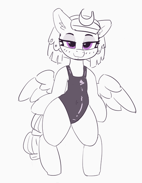 Size: 2631x3389 | Tagged: artist:pabbley, bedroom eyes, bipedal, clothes, cute, derpibooru import, ear fluff, female, high res, humanoid torso, human shoulders, mare, one-piece swimsuit, pegasus, safe, semi-anthro, solo, somnambetes, somnambula, sukumizu, swimsuit