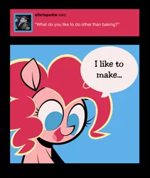 Size: 800x950 | Tagged: safe, artist:footsam, derpibooru import, pinkie pie, earth pony, pony, ask pinkie pie and tornado, ask, blue background, colored, comic, flat colors, happy, no catchlights, no pupils, simple background, speech bubble, tumblr