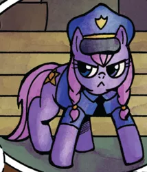 Size: 418x489 | Tagged: safe, derpibooru import, idw, unnamed character, unnamed pony, earth pony, pony, spoiler:comic, spoiler:comic22, >:<, clothes, frown, hat, necktie, police