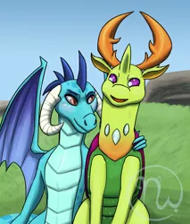 Size: 1700x2000 | Tagged: safe, artist:azurllinate, derpibooru import, princess ember, thorax, changedling, changeling, dragon, arm around back, blushing, couple, dragon lord ember, embrax, female, happy, hill, horns, interspecies, interspecies love, king thorax, looking at each other, male, mixed feelings, orange eyes, purple eyes, rock, royalty, shipping, sky, smiling, straight, wings