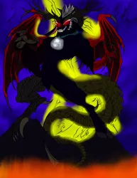 Size: 900x1165 | Tagged: all-father of monsters, artist:kahnac, baphomet, bell, bewitching bell, cozy glow, darkness storm, derpibooru import, devil, draconequus, draconequus oc, elder god, emperor of darkness, fanfic, fanfic art, fanfiction idea, grogar, male, oc, pure concentrated unfiltered evil of the utmost potency, pure evil, pure unfiltered evil, ram, semi-grimdark, sheep, solo, spoiler:s09, storm