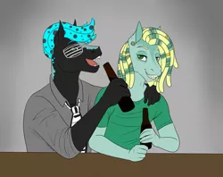 Size: 2527x2000 | Tagged: safe, artist:caff, derpibooru import, oc, oc:blu keys, oc:shark bait, unofficial characters only, anthro, pony, alcohol, beer, clothes, dreadlocks, ear piercing, earring, having a beer, jewelry, necktie, piercing