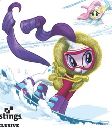 Size: 655x745 | Tagged: safe, derpibooru import, idw, fluttershy, rarity, pegasus, pony, unicorn, spoiler:comic, spoiler:comic03, clothes, duo, jacket, parka, ski goggles, skiing, snow, windswept mane, winter