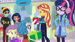 Size: 1920x1080 | Tagged: safe, derpibooru import, screencap, desert sage, lily pad (equestria girls), sci-twi, sunset shimmer, technicolor waves, twilight sparkle, waldo whereabout, equestria girls, equestria girls series, holidays unwrapped, spoiler:eqg series (season 2), canterlot mall, child, children, clothes, cute, earmuffs, female, gift giving, gift wrapped, glasses, jacket, male, present, shimmerbetes, smiling, twiabetes, winter break-in, winter outfit