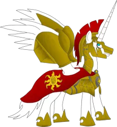 Size: 1039x1127 | Tagged: safe, artist:dylanf3, derpibooru import, oc, oc:whitemane, unofficial characters only, alicorn, pony, alicorn oc, armor, cloak, clothes, fanfic art, helmet, hoof shoes, horn, male, simple background, solo, stallion, transparent background, wings