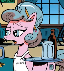 Size: 549x610 | Tagged: safe, derpibooru import, idw, midge, earth pony, pony, spoiler:comic, spoiler:comic34, apron, beer bottle, clothes, naked apron, pencil, tray