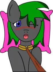Size: 741x1000 | Tagged: safe, artist:dylanf3, derpibooru import, oc, oc:shady forest, unofficial characters only, earth pony, pony, blushing, collar, dominant pov, earth pony oc, leash, one eye closed, open mouth, pillow, simple background, solo, transparent background, wink