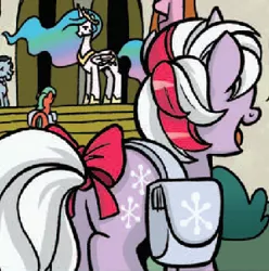 Size: 300x303 | Tagged: safe, derpibooru import, idw, powder, princess celestia, professor inkwell, unnamed character, unnamed pony, alicorn, pony, unicorn, spoiler:comic, spoiler:comic40, background pony, bag, bow, female, g1, g1 to g4, generation leap, mare, saddle bag, tail bow