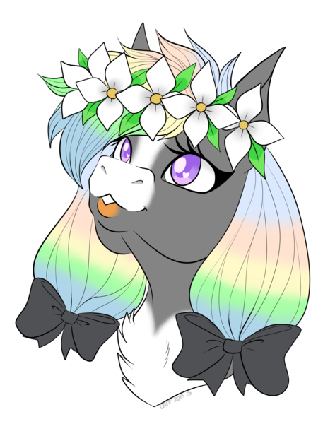 Size: 1353x1712 | Tagged: safe, artist:caff, derpibooru import, oc, unofficial characters only, earth pony, pony, bow, bust, cute, floral head wreath, flower, hair bow, head shot, looking up, simple background, solo, transparent background