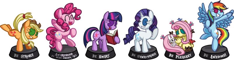 Size: 5752x1499 | Tagged: safe, artist:cazra, derpibooru import, angel bunny, applejack, fluttershy, pinkie pie, rainbow dash, rarity, twilight sparkle, bird, butterfly, earth pony, pegasus, pony, rabbit, squirrel, unicorn, fallout equestria, fanfic, animal, book, bucking, cowboy hat, eyes closed, fanfic art, female, grin, hat, hooves, horn, mare, ministry mares, ministry mares statuette, open mouth, pacman eyes, prone, simple background, smiling, spread wings, statuette, statuettes, transparent background, unicorn twilight, wings
