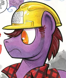 Size: 648x760 | Tagged: safe, derpibooru import, idw, plumb bob, earth pony, pony, spoiler:comic, spoiler:comic41, clothes, hard hat, male, shirt, stallion