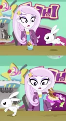 Size: 546x1006 | Tagged: safe, derpibooru import, angel bunny, fleur-de-lis, equestria girls, equestria girls series, tip toppings, tip toppings: fluttershy, spoiler:choose your own ending (season 2), spoiler:eqg series (season 2), angel is a bunny bastard, eye twitch, female, frozen yogurt, frozen yogurt machine, frozen yogurt shop, shocked