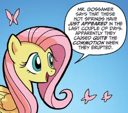 Size: 610x539 | Tagged: safe, artist:tonyfleecs, derpibooru import, idw, fluttershy, mr. gossamer, butterfly, insect, pegasus, pony, ponies of dark water, spoiler:comic, spoiler:comic43, blue background, cropped, female, mare, official comic, simple background, speech bubble