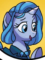 Size: 330x440 | Tagged: safe, artist:tonyfleecs, derpibooru import, idw, unnamed character, unnamed pony, pony, unicorn, from the shadows, spoiler:comic, spoiler:comic52, cropped, female, mare, official comic, simple background, yellow background