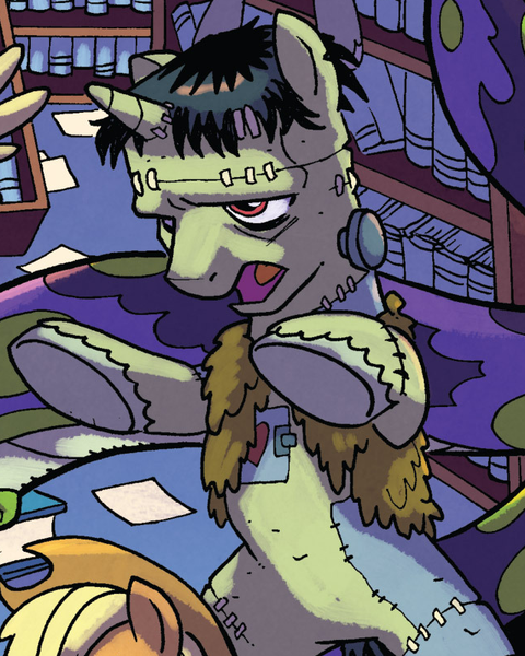 Size: 640x800 | Tagged: safe, artist:tonyfleecs, derpibooru import, idw, applejack, fluttershy, frankenstag's monster, earth pony, pegasus, pony, unicorn, from the shadows, spoiler:comic, spoiler:comic52, cropped, frankenstein's monster, male, official comic, offscreen character, solo focus, stallion