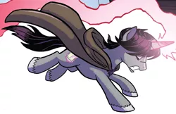 Size: 1200x777 | Tagged: safe, artist:tonyfleecs, derpibooru import, idw, shadow lock, pony, unicorn, from the shadows, spoiler:comic, spoiler:comic52, cape, clothes, cropped, image, magic, male, official comic, png, running, simple background, solo, stallion, white background