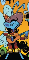 Size: 390x805 | Tagged: artist:andypriceart, breezie, cropped, derpibooru import, eyes closed, guitar, idw, mariachi, musical instrument, official comic, orange background, playing instrument, safe, simple background, solo focus, spoiler:comic, spoiler:comic61, unnamed character