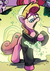 Size: 543x766 | Tagged: safe, artist:andypriceart, derpibooru import, idw, scarlet petal, earth pony, pony, spoiler:comic, spoiler:comic65, clothes, cropped, female, mare, official comic, open mouth, solo, sweater, transformation