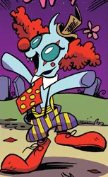 Size: 449x735 | Tagged: artist:andypriceart, changedling, changeling, clothes, clown, clown hair, clown nose, clown shoes, costume, cropped, derpibooru import, female, idw, necktie, nightmare night costume, ocellus, open mouth, outfit catalog, safe, solo, spoiler:comic, spoiler:comic71