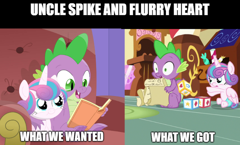 Size: 829x499 | Tagged: safe, derpibooru import, edit, edited screencap, screencap, princess flurry heart, spike, alicorn, dragon, pony, a flurry of emotions, blocks, bonding, book, female, filly, list, male, meme, missed opportunities, paper, reading, sitting, sugarcube corner, text, throwing, uncle spike