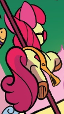 Size: 130x229 | Tagged: apple bloom, bridle, carousel, derpibooru import, idw, inanimate tf, merry-go-round, saddle, safe, scootaloo, solo focus, spoiler:comic, spoiler:comic78, stirrups, tack, transformation