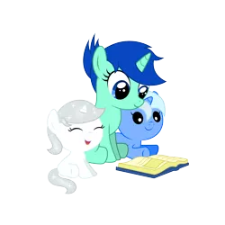 Size: 4000x4000 | Tagged: safe, artist:northernthestar, derpibooru import, oc, oc:glimmering hope, oc:mint berry, oc:valiant heart, unofficial characters only, pony, unicorn, absurd resolution, baby, baby pony, book, female, filly, simple background, transparent background