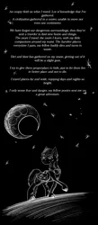 Size: 2480x5700 | Tagged: safe, artist:khaki-cap, derpibooru import, oc, oc:null, pegasus, pony, alternate artstyle, black canvas, moon, night, night sky, pegasus oc, poem, sky, teaser, traveler, wings