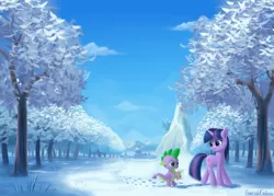 Size: 3500x2500 | Tagged: safe, artist:emeraldgalaxy, derpibooru import, spike, twilight sparkle, dragon, pony, unicorn, canterlot, canterlot castle, cute, duo, footprints, ponyville, ponyville town hall, scenery, scroll, snow, spikabetes, tree, twiabetes, unicorn twilight, winter