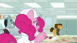 Size: 1920x1080 | Tagged: safe, derpibooru import, screencap, cheese sandwich, pinkie pie, sans smirk, pony, the last laugh, alternate hairstyle, clothes, hard hat, lab coat, paper, sweater, turtleneck