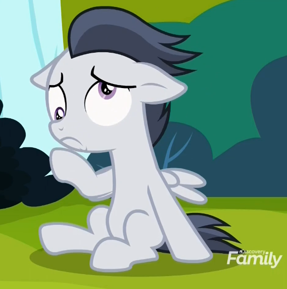 Size: 577x581 | Tagged: safe, derpibooru import, screencap, rumble, pegasus, pony, marks and recreation, colt, cropped, derp, discovery family logo, dizzy, dizzy eyes, male, sitting, solo