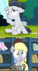 Size: 577x1077 | Tagged: safe, derpibooru import, edit, edited screencap, screencap, derpy hooves, rumble, pegasus, pony, between dark and dawn, marks and recreation, caption, colt, cropped, derp, discovery family logo, dizzy, dizzy eyes, female, image macro, male, sitting, text