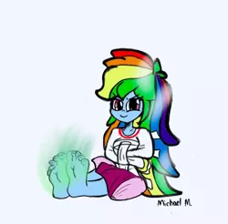 Size: 529x521 | Tagged: suggestive, artist:michaelmaddox222, deleted from derpibooru, derpibooru import, rainbow dash, human, equestria girls, barefoot, big feet, bondage, clothes, curled toes, feet, female, fetish, foot fetish, grin, image, jpeg, looking at you, signature, sitting, skirt, smelly, smelly feet, smiling, solo, stinky feet, straitjacket