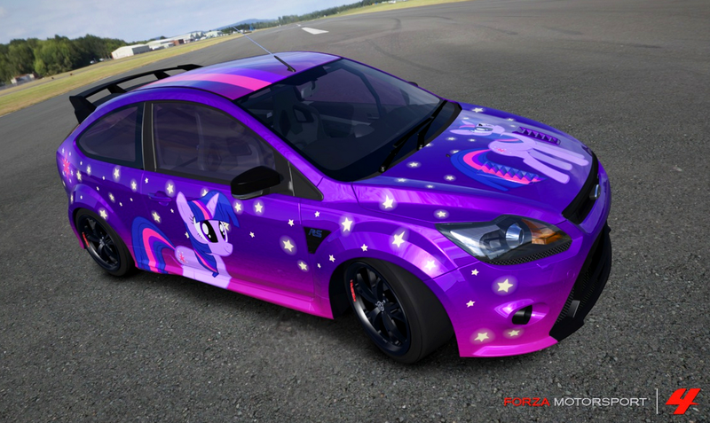 Size: 1076x641 | Tagged: safe, artist:nrxia, derpibooru import, twilight sparkle, pony, unicorn, car, female, ford, ford focus, ford focus rs, forza motorsport 4, game screencap, itasha, mare, unicorn twilight, video game