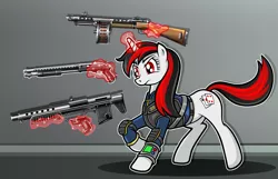 Size: 2522x1626 | Tagged: safe, artist:wangkingfun, derpibooru import, oc, oc:blackjack, unofficial characters only, pony, unicorn, fallout equestria, fallout equestria: project horizons, fanfic, butt, fanfic art, female, glowing horn, gun, hooves, horn, levitation, magic, mare, raised hoof, scope, shotgun, solo, telekinesis, vault security armor, weapon