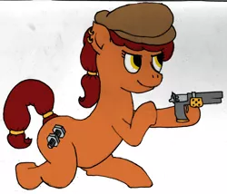 Size: 2614x2236 | Tagged: safe, artist:minus, derpibooru import, oc, oc:brass bolts, unofficial characters only, pony, unicorn, colored, cutie mark, ear piercing, earring, female, gun, hairband, handgun, hat, jewelry, kneeling, mare, pencil drawing, piercing, simple background, smiling, solo, tail band, traditional art, weapon, white background