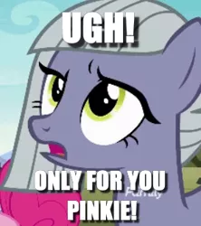 Size: 294x331 | Tagged: caption, cropped, derpibooru import, edit, edited screencap, image macro, limestone pie, pinkie pie, safe, screencap, sisterly love, solo focus, text, the maud couple, ugh