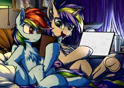 Size: 4214x3000 | Tagged: safe, artist:movieskywalker, derpibooru import, rainbow dash, oc, oc:dopami korpela, pegasus, pony, unicorn, blushing, book, canon x oc, chinese text, computer, curtains, dopadash, draft, female, hooves, lamp, laptop computer, looking at each other, male, pillow, quilt, shipping, smiley face, straight