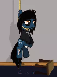 Size: 1542x2085 | Tagged: semi-grimdark, artist:lightningbolt, derpibooru import, ponified, ponified:oliver sykes, earth pony, pony, undead, zombie, zombie pony, .svg available, attempted suicide, bags under eyes, blood, bone, bring me the horizon, chair, clothes, colored pupils, colored sclera, dripping blood, drop dead clothing, fangs, hanging, hanging (by neck), indifferent, lidded eyes, lip piercing, long sleeves, looking down, male, noose, piercing, rainbow blood, rope, scar, shirt, solo, stallion, stitches, suspended, svg, tattoo, torn ear, vector