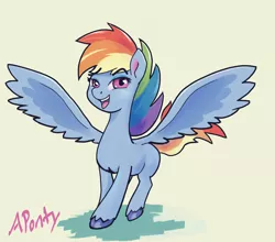 Size: 4662x4097 | Tagged: safe, artist:aponty, deleted from derpibooru, derpibooru import, edit, rainbow dash, pegasus, pony, my little pony: pony life, female, mare, no text edit, open mouth, simple background, smiling, solo, spread wings, textless edit, unshorn fetlocks, wings