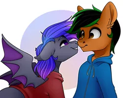 Size: 5906x4724 | Tagged: safe, artist:buvanybu, derpibooru import, oc, oc:grey, oc:patutu, bat pony, earth pony, pony, boop, clothes, cute, hoodie, noseboop