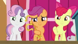 Size: 1280x720 | Tagged: safe, derpibooru import, screencap, apple bloom, scootaloo, sweetie belle, pony, the last crusade, cute, cutie mark crusaders, key