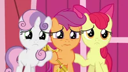 Size: 1280x720 | Tagged: safe, derpibooru import, screencap, apple bloom, scootaloo, sweetie belle, pony, the last crusade, cutie mark crusaders, key, sad