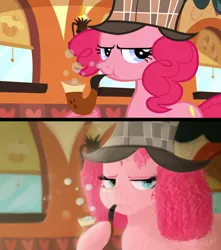 Size: 6000x6800 | Tagged: safe, artist:nyota71, derpibooru import, screencap, pinkie pie, earth pony, pony, mmmystery on the friendship express, bubble, curly hair, curtains, friendship express, hat, pipe, redesign, redraw, sherlock hat, solo, window