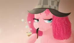 Size: 6000x3500 | Tagged: safe, artist:nyota71, derpibooru import, pinkie pie, earth pony, pony, bored, bubble, curly hair, curly mane, pipe, sherlock hat, solo, thinking
